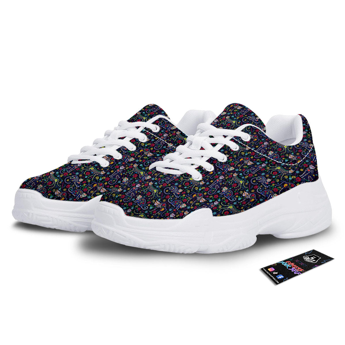 Calavera Cat Day Of The Dead Print Pattern White Chunky Shoes-grizzshop