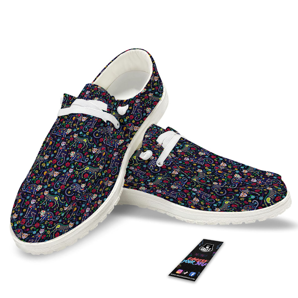 Calavera Cat Day Of The Dead Print Pattern White Loafers-grizzshop