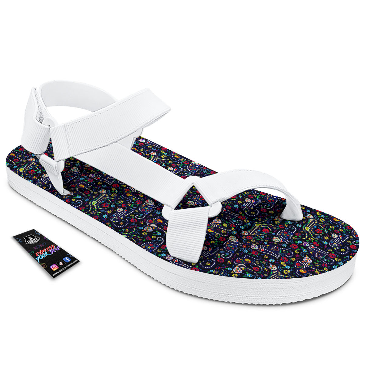Calavera Cat Day Of The Dead Print Pattern White Open Toe Sandals-grizzshop