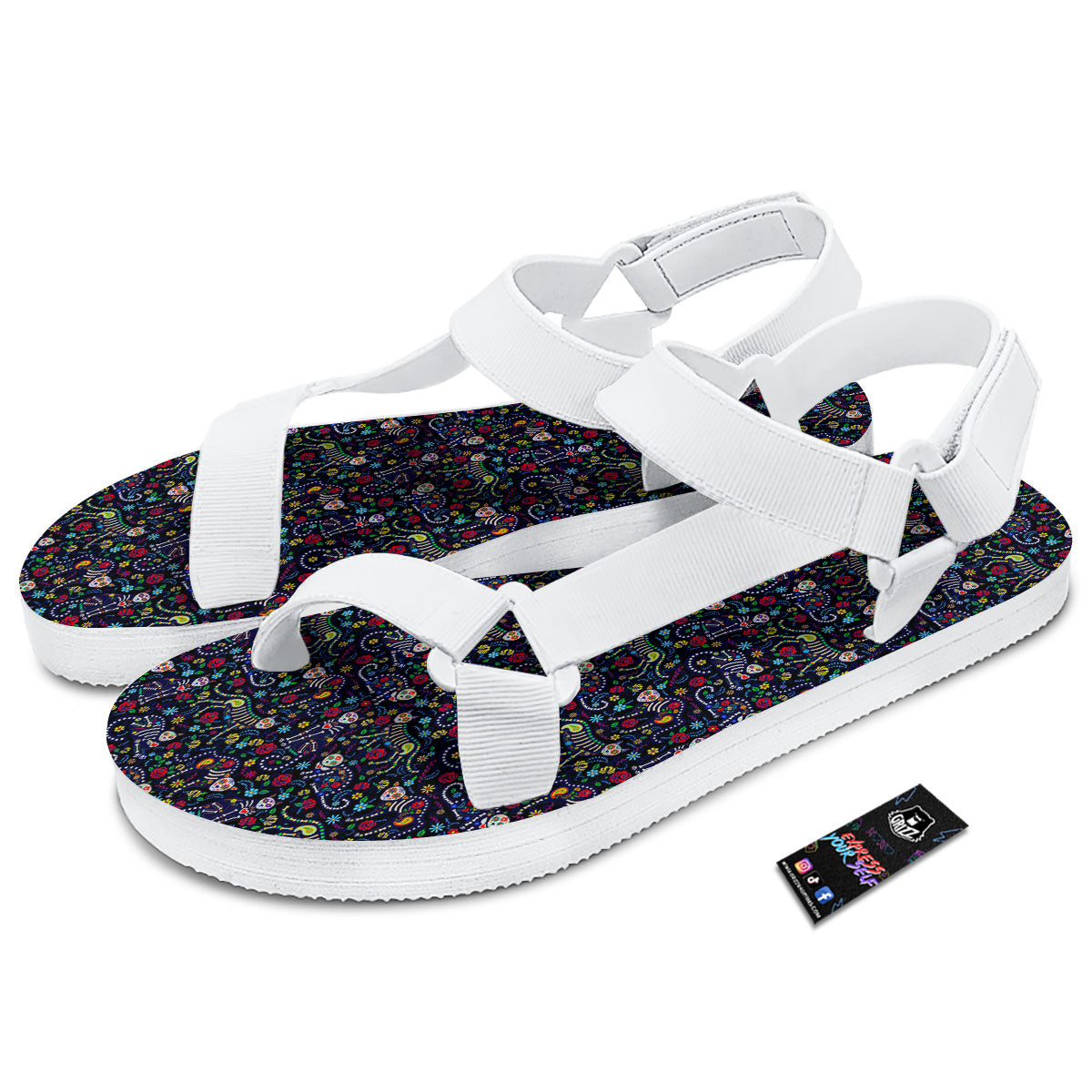Calavera Cat Day Of The Dead Print Pattern White Open Toe Sandals-grizzshop