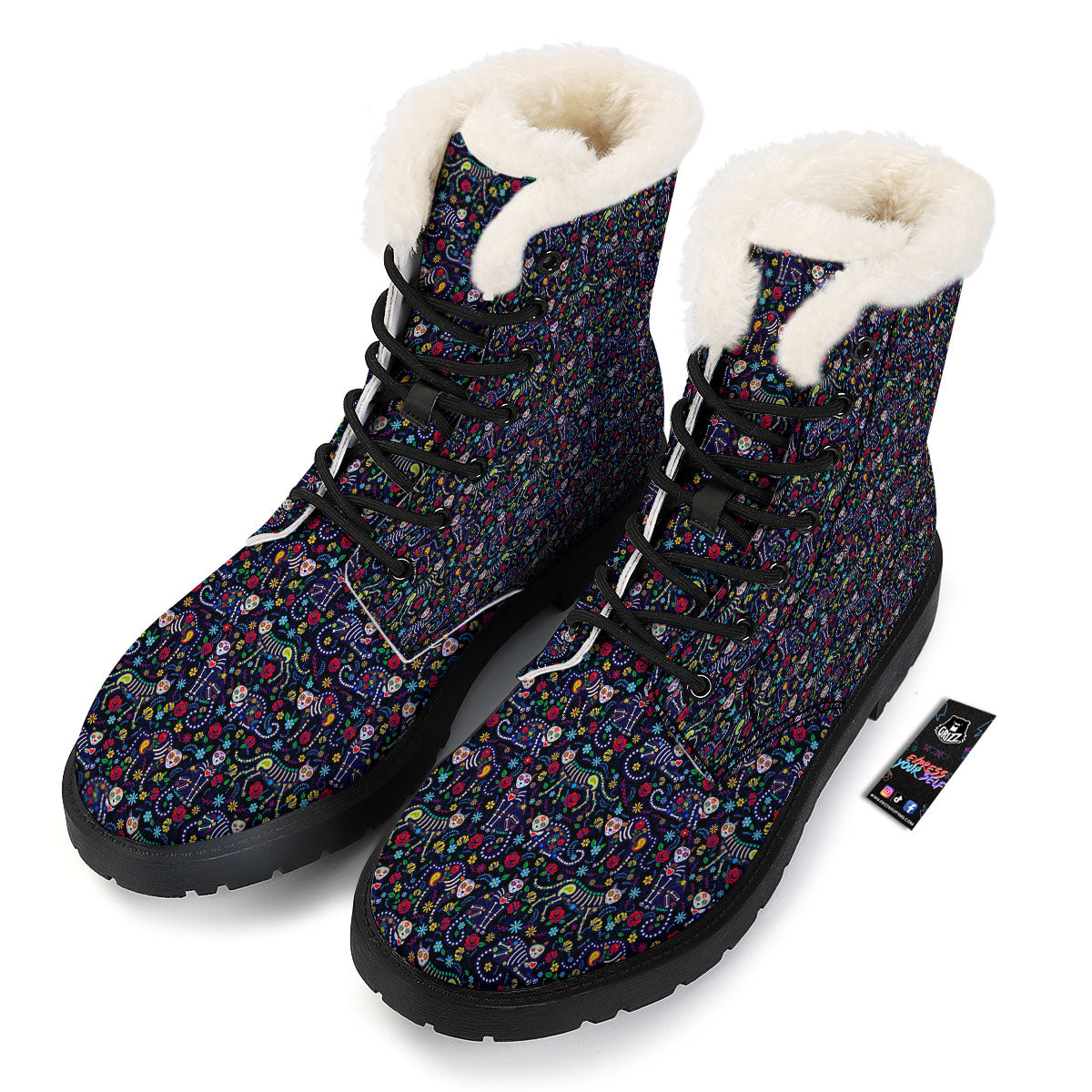 Calavera Cat Day Of The Dead Print Pattern Winter Boots-grizzshop