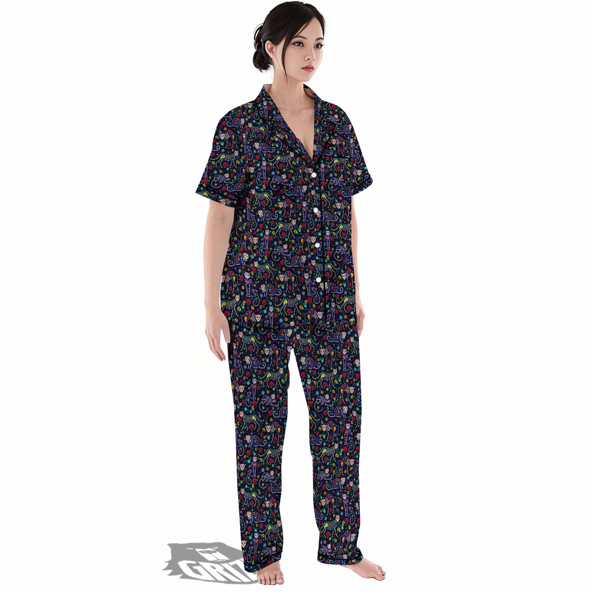 Calavera Cat Day Of The Dead Print Pattern Women's Pajamas Set-grizzshop