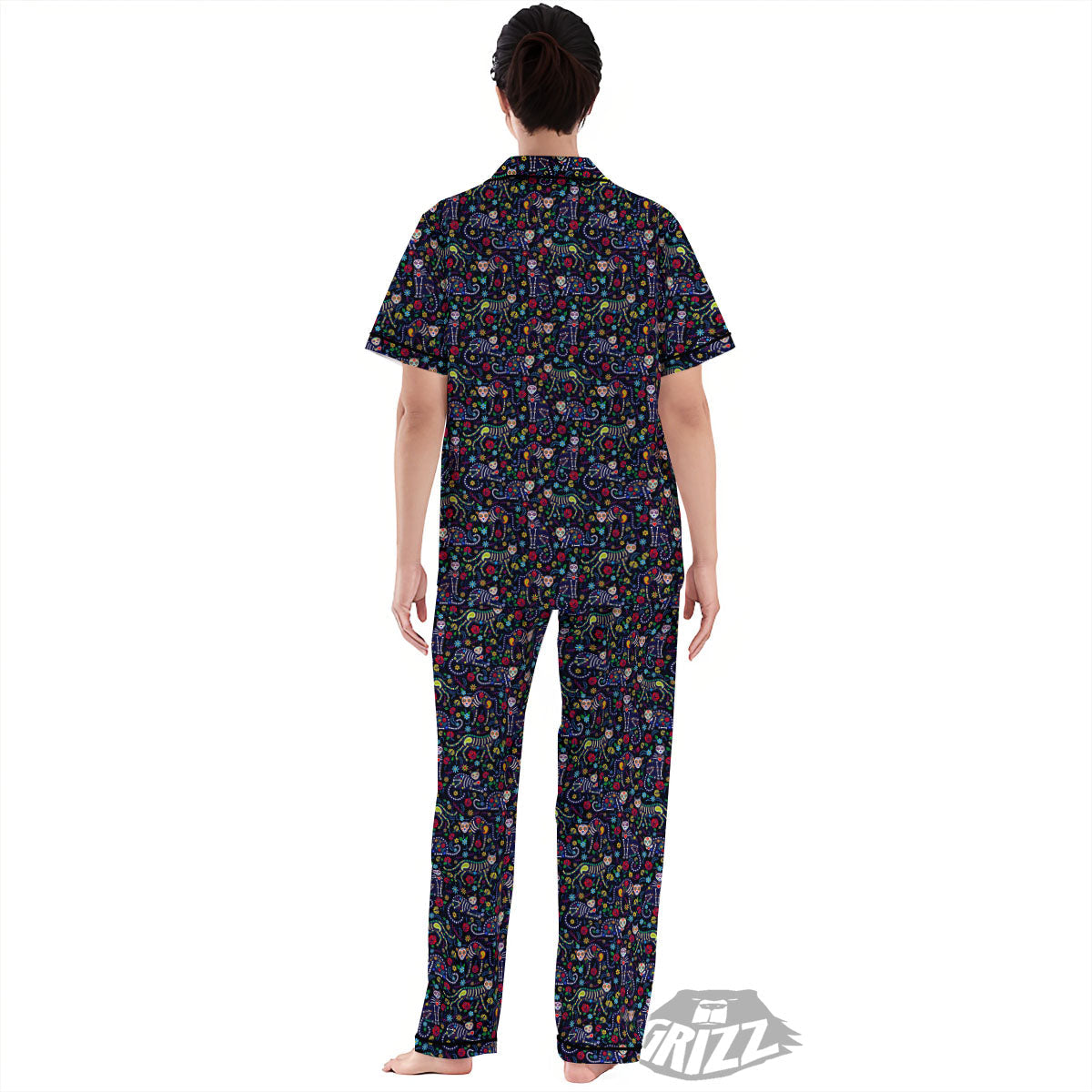 Calavera Cat Day Of The Dead Print Pattern Women's Pajamas Set-grizzshop