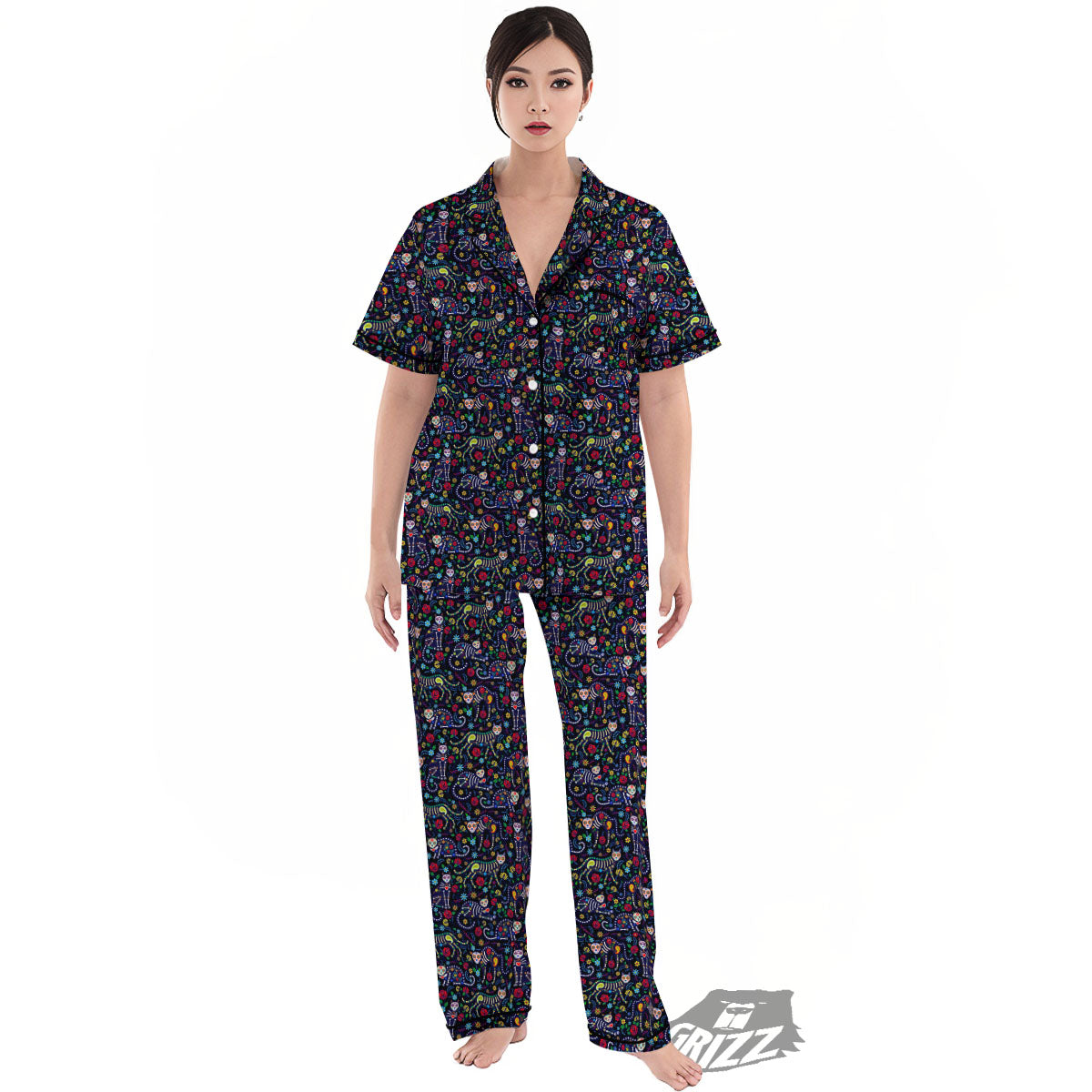 Calavera Cat Day Of The Dead Print Pattern Women's Pajamas Set-grizzshop