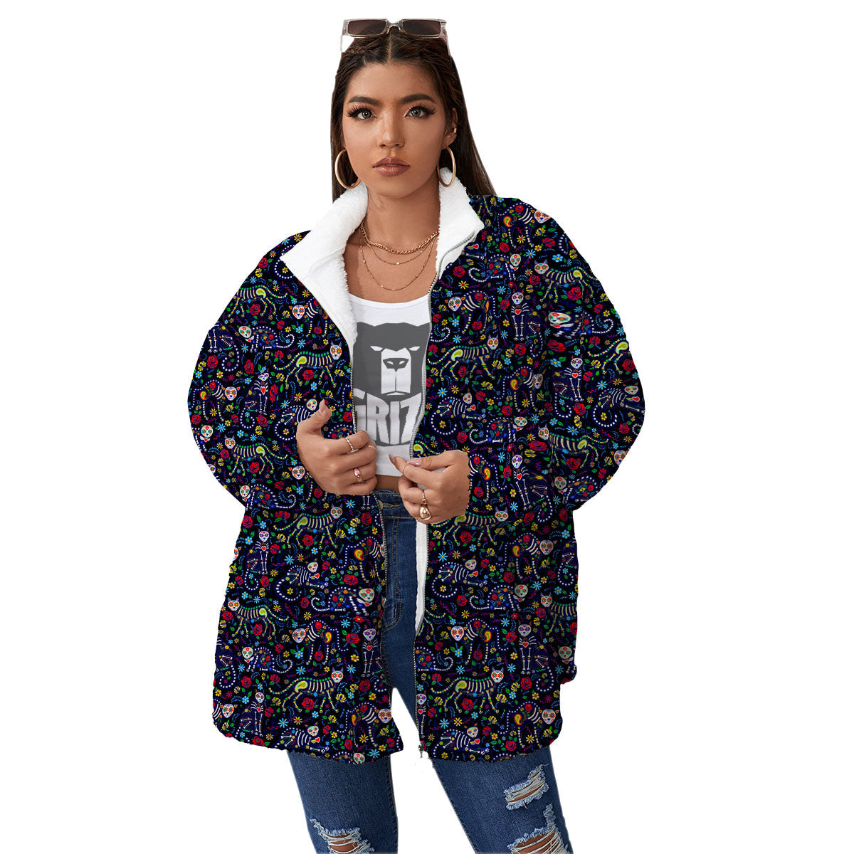 Calavera Cat Day Of The Dead Print Pattern Women's Sherpa Jacket-grizzshop