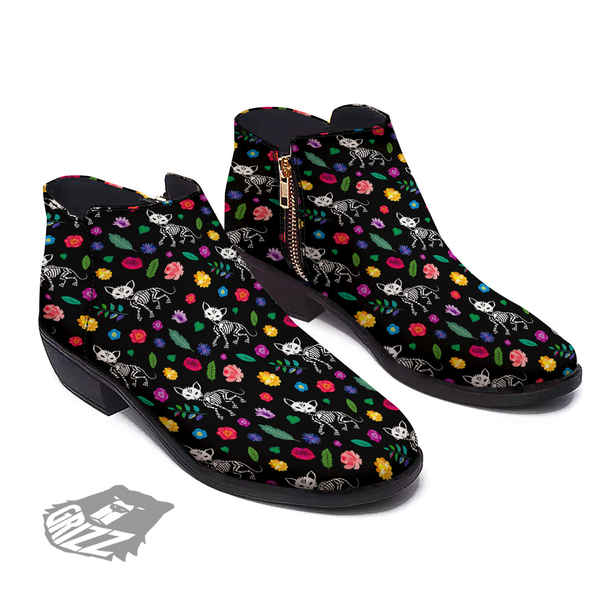 Calavera Cat Skeleton Print Pattern Ankle Boots-grizzshop