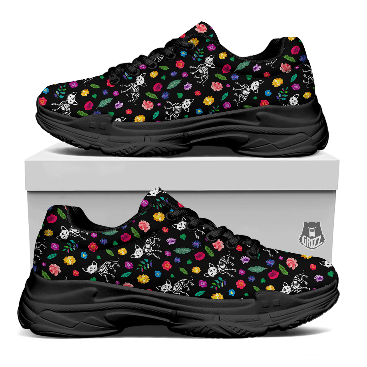Calavera Cat Skeleton Print Pattern Black Chunky Shoes-grizzshop