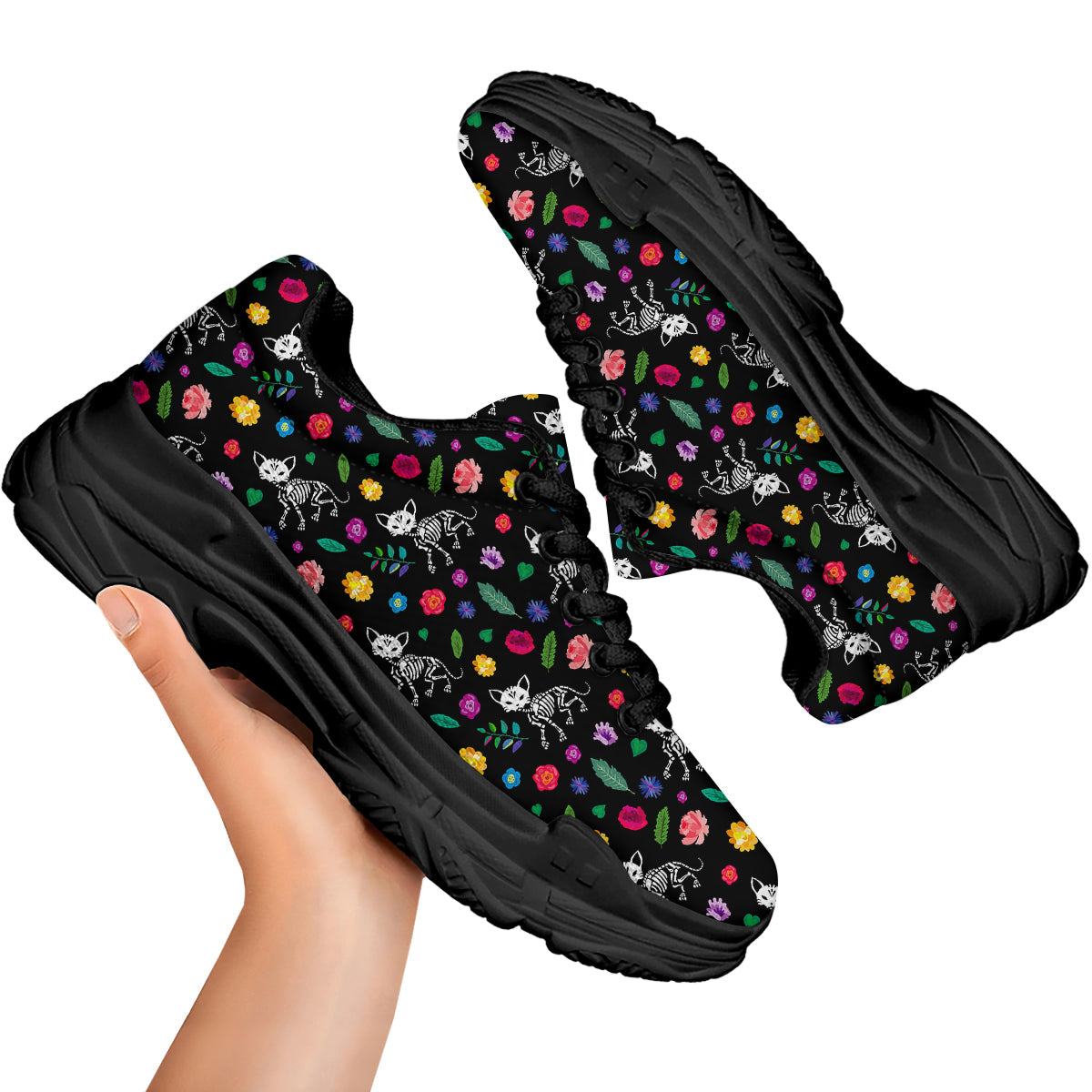 Calavera Cat Skeleton Print Pattern Black Chunky Shoes-grizzshop