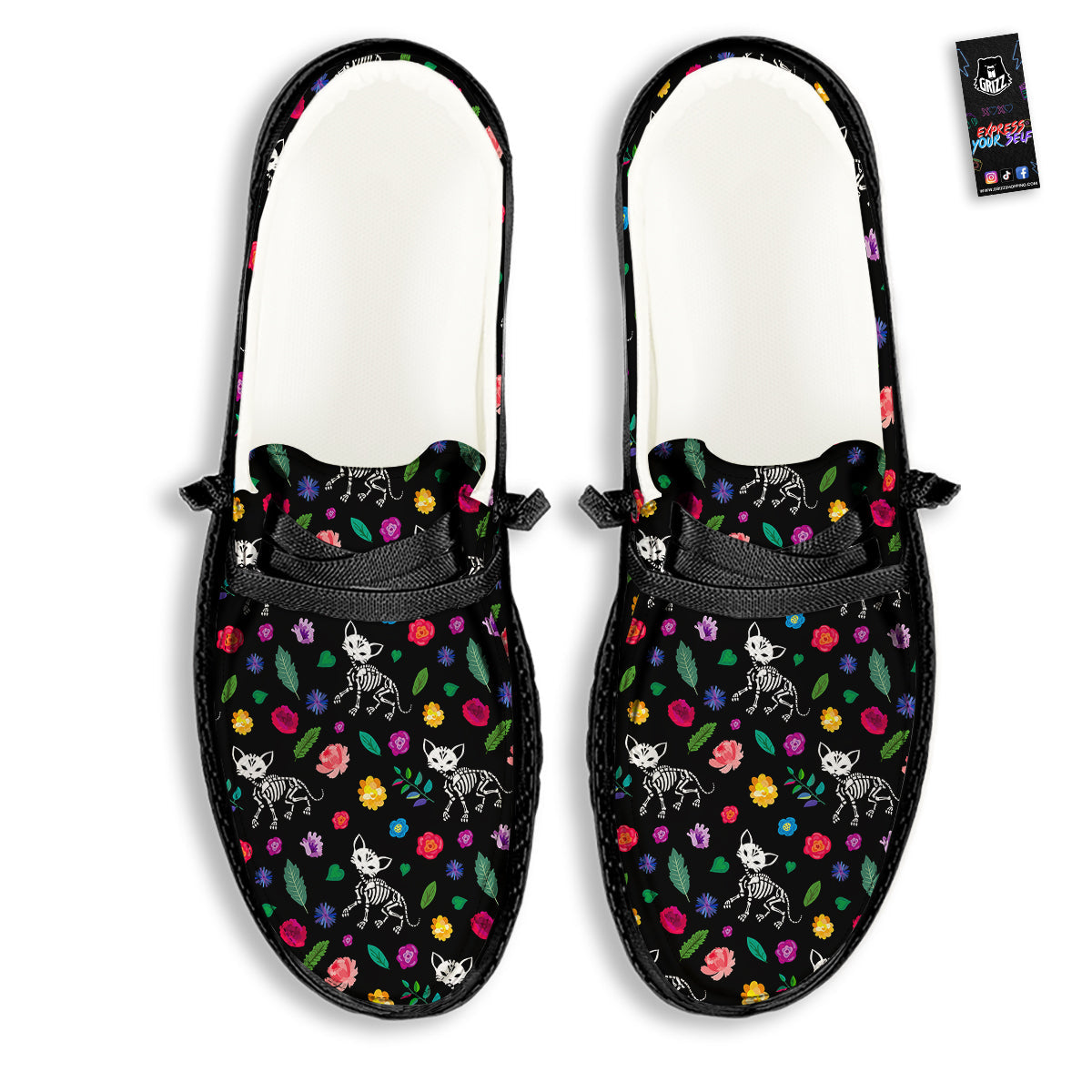 Calavera Cat Skeleton Print Pattern Black Loafers-grizzshop