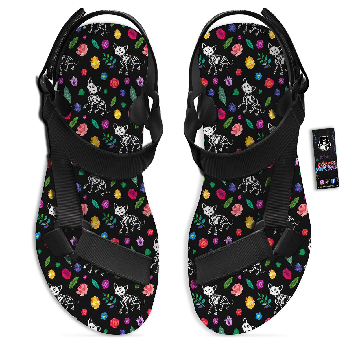 Calavera Cat Skeleton Print Pattern Black Open Toe Sandals-grizzshop
