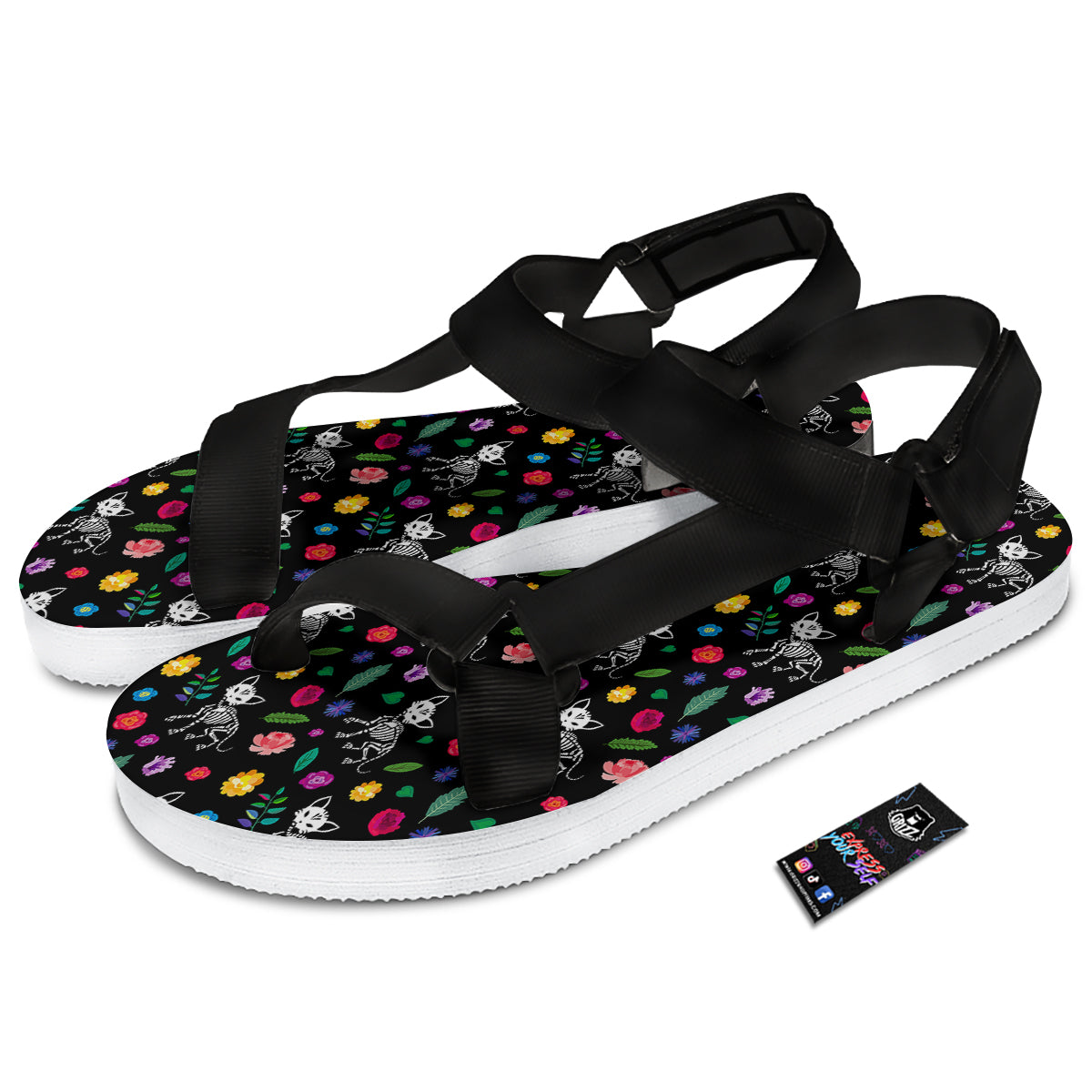 Calavera Cat Skeleton Print Pattern Black Open Toe Sandals-grizzshop
