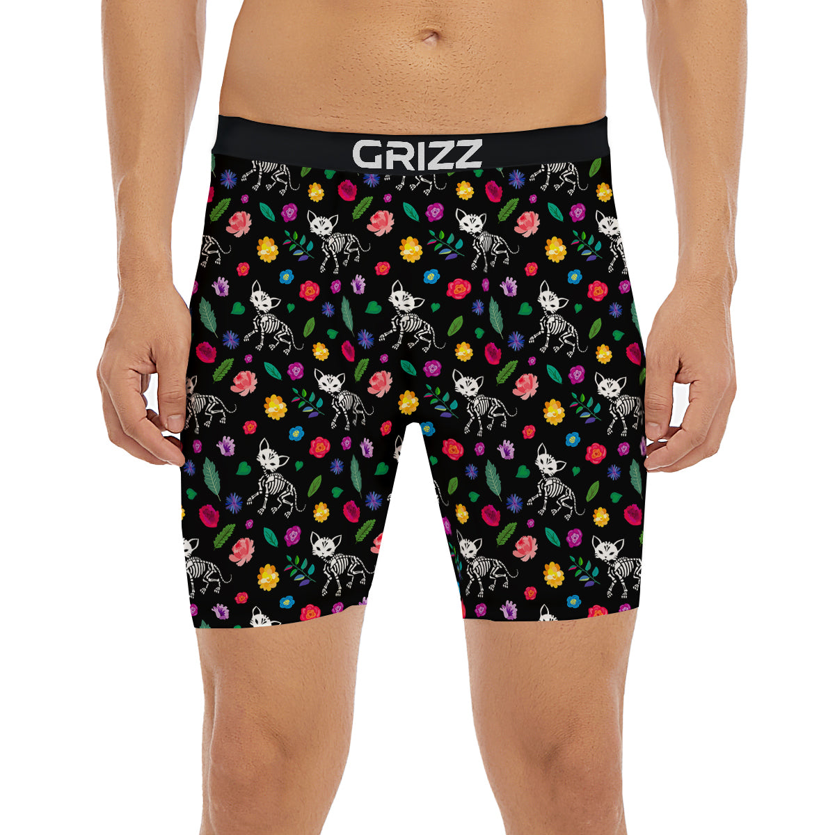 Calavera Cat Skeleton Print Pattern Boxer Briefs-grizzshop