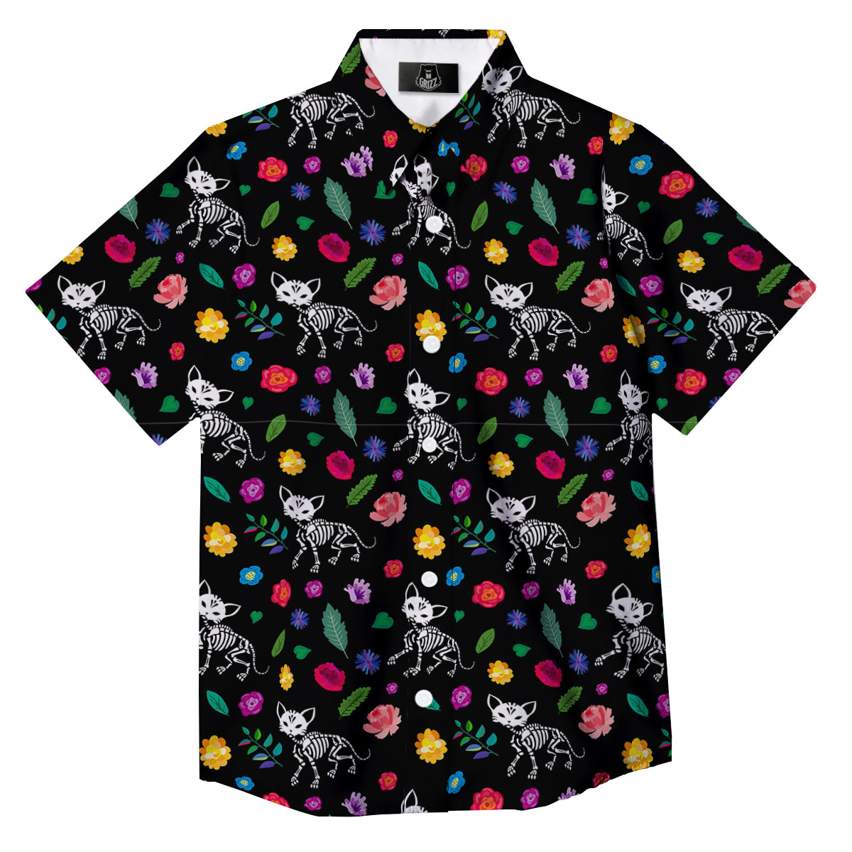 Calavera Cat Skeleton Print Pattern Button Up Shirt-grizzshop