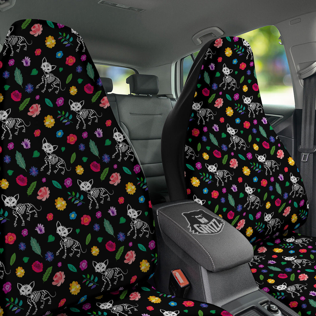 Calavera Cat Skeleton Print Pattern Car Seat Covers-grizzshop