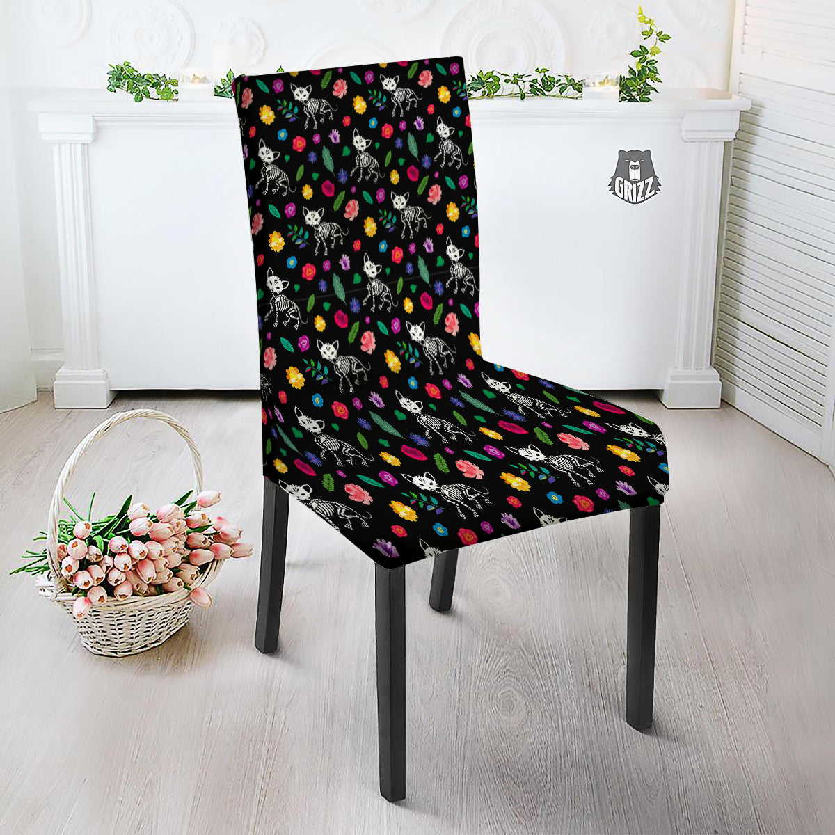 Calavera Cat Skeleton Print Pattern Dining Chair Slipcover-grizzshop