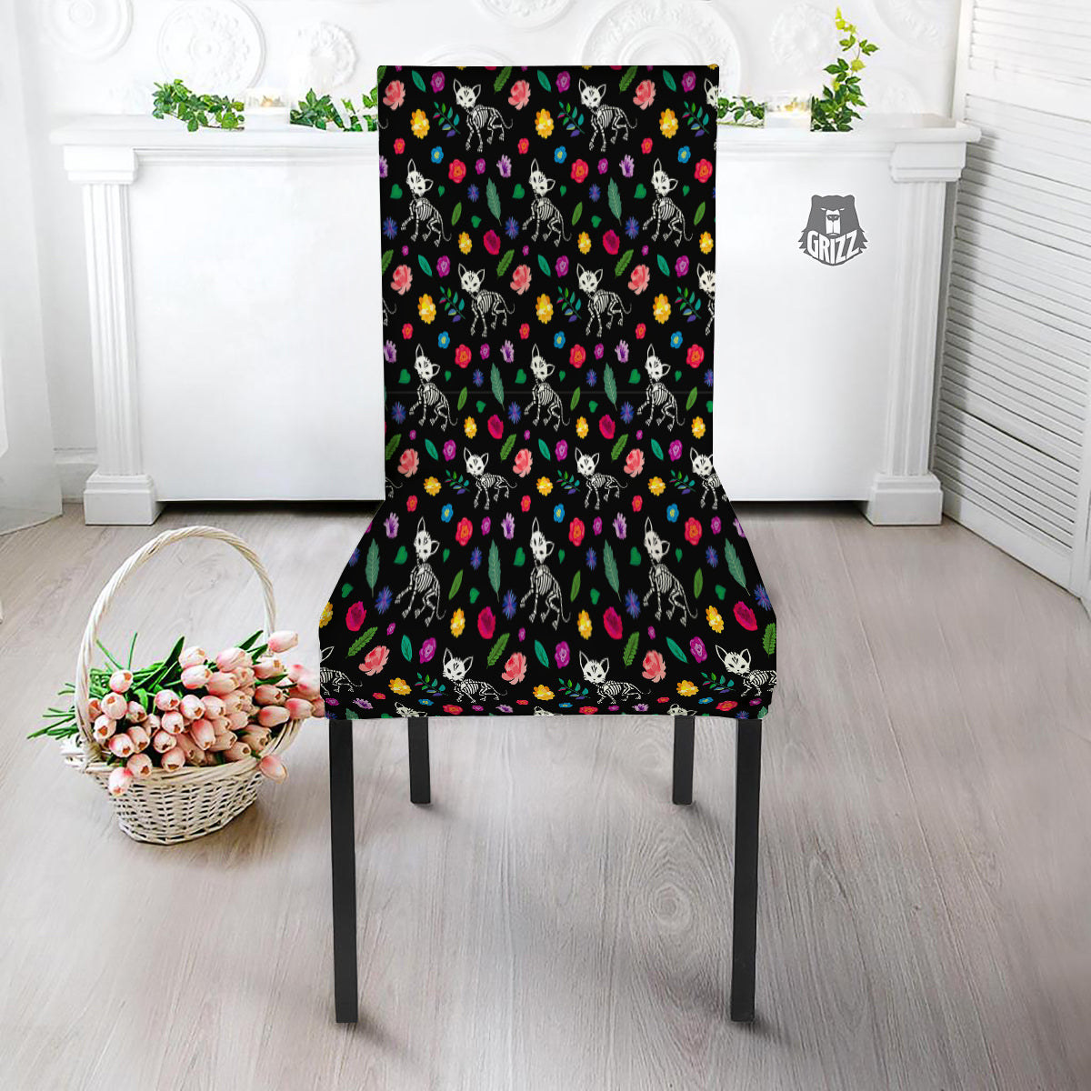 Calavera Cat Skeleton Print Pattern Dining Chair Slipcover-grizzshop