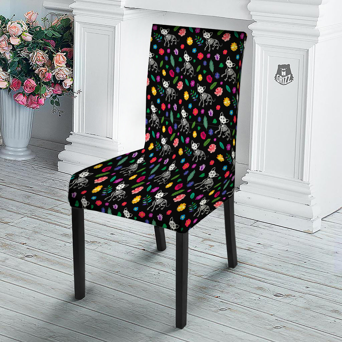 Calavera Cat Skeleton Print Pattern Dining Chair Slipcover-grizzshop