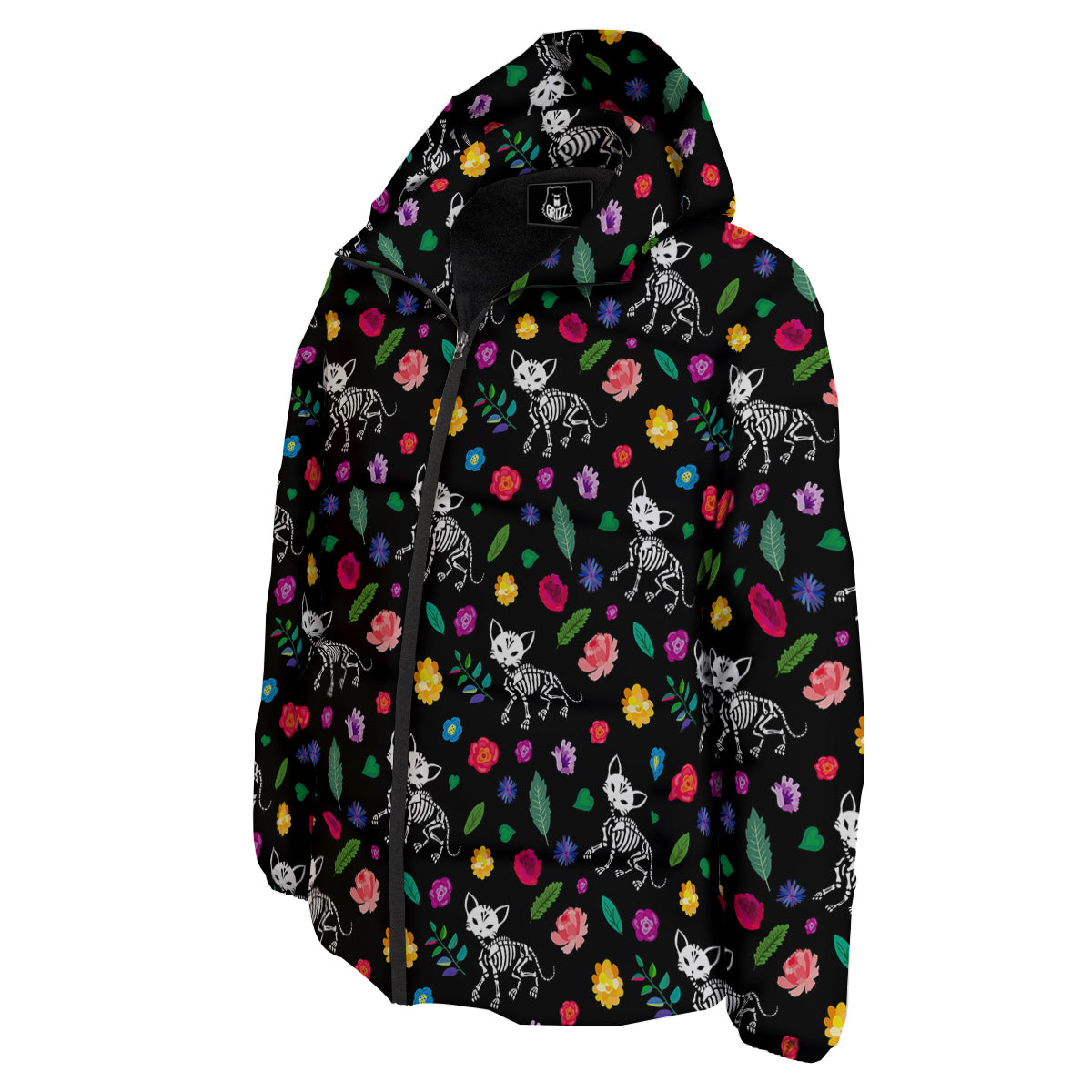 Calavera Cat Skeleton Print Pattern Down Jacket-grizzshop