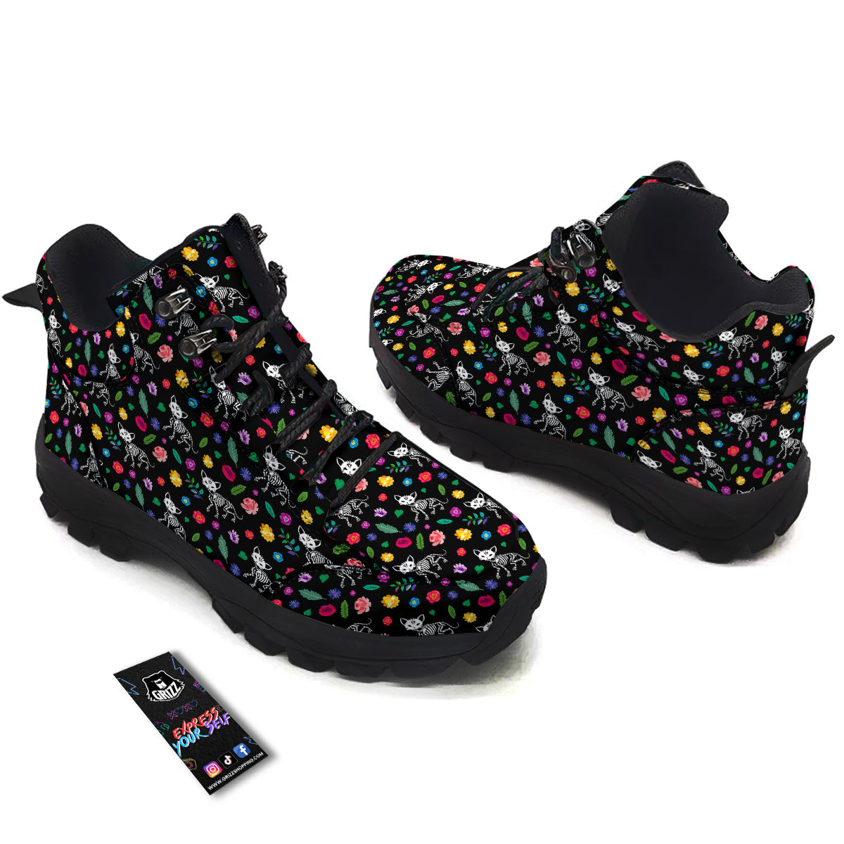 Calavera Cat Skeleton Print Pattern Hiking Shoes-grizzshop