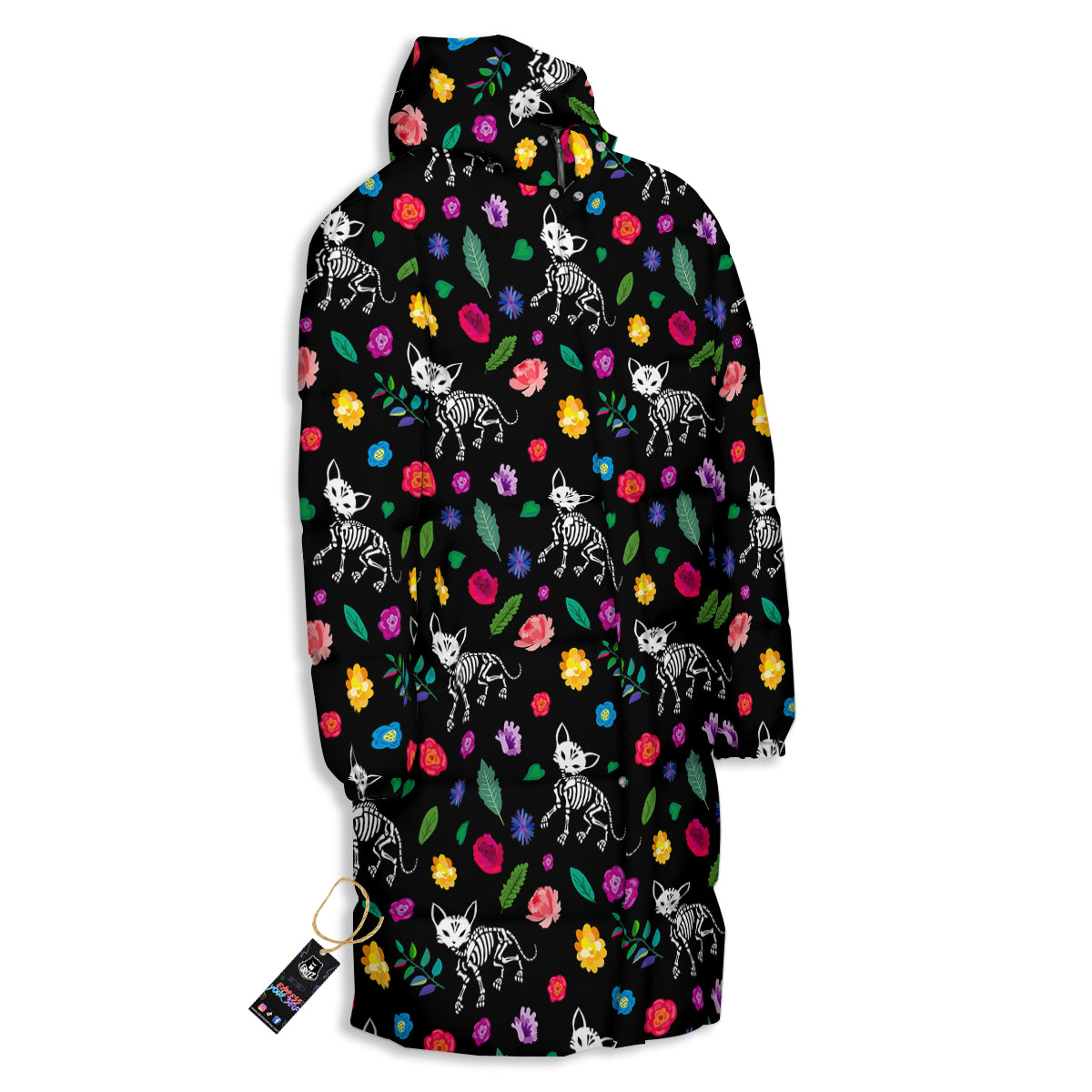 Calavera Cat Skeleton Print Pattern Long Down Jacket-grizzshop