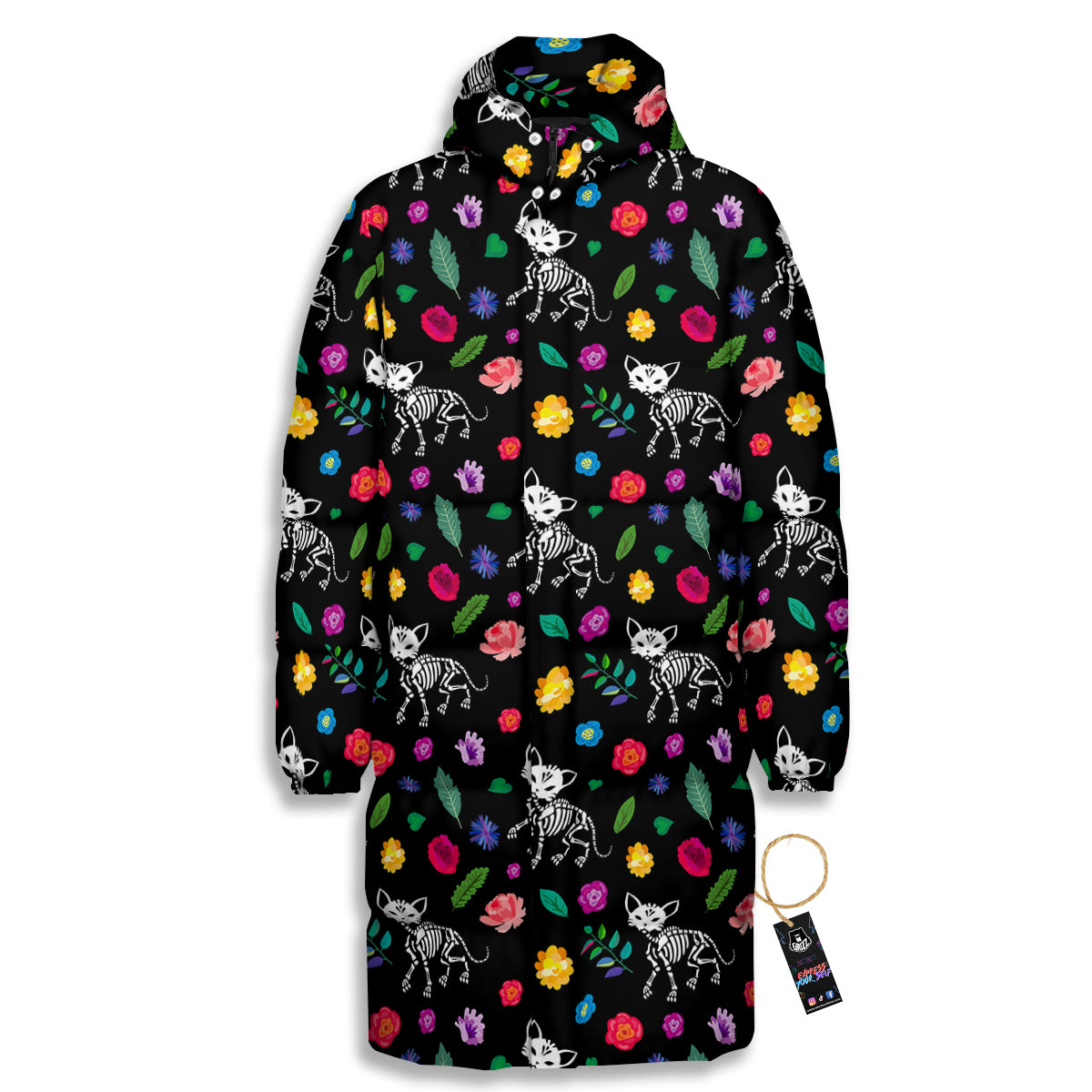 Calavera Cat Skeleton Print Pattern Long Down Jacket-grizzshop