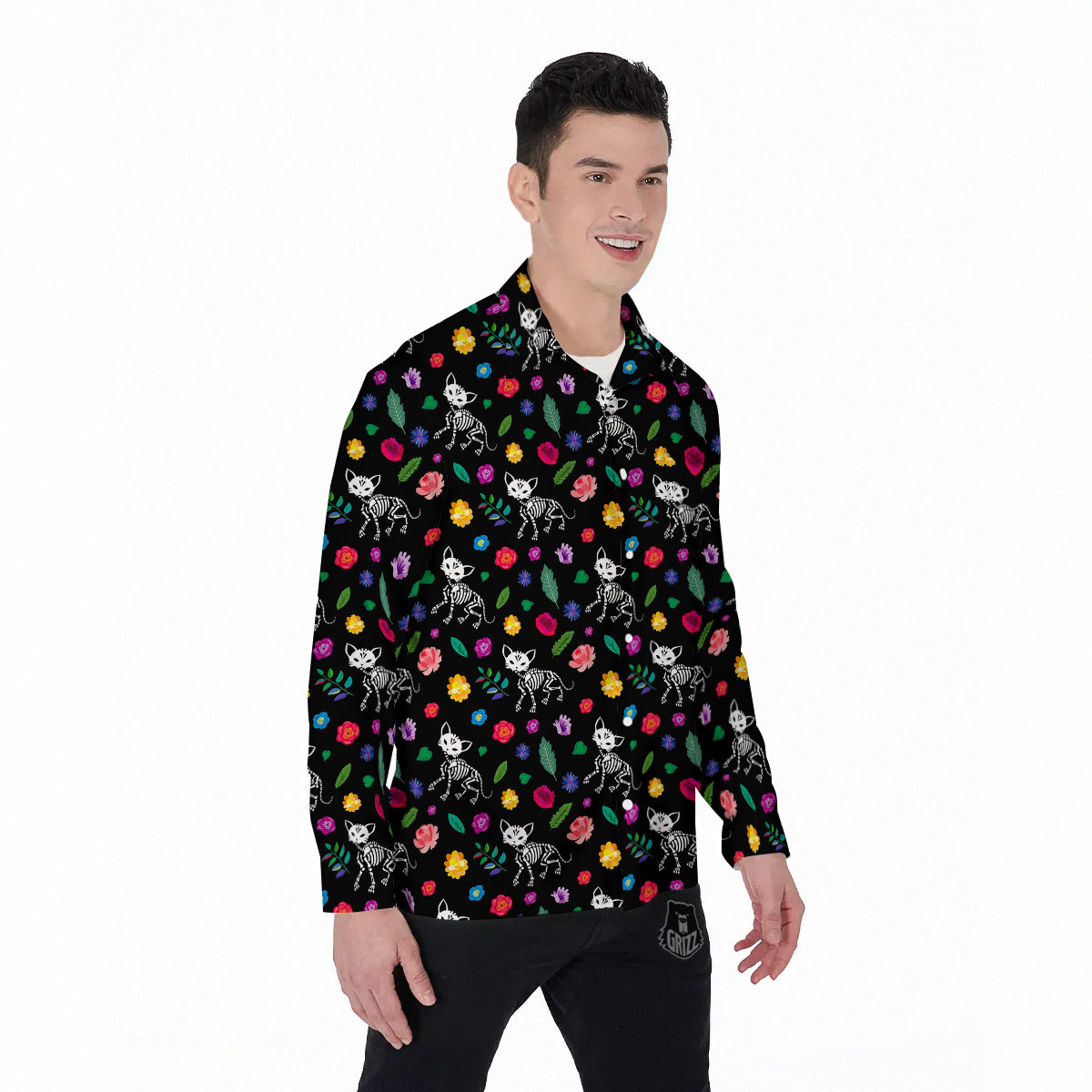 Calavera Cat Skeleton Print Pattern Men's Long Sleeve Shirts-grizzshop