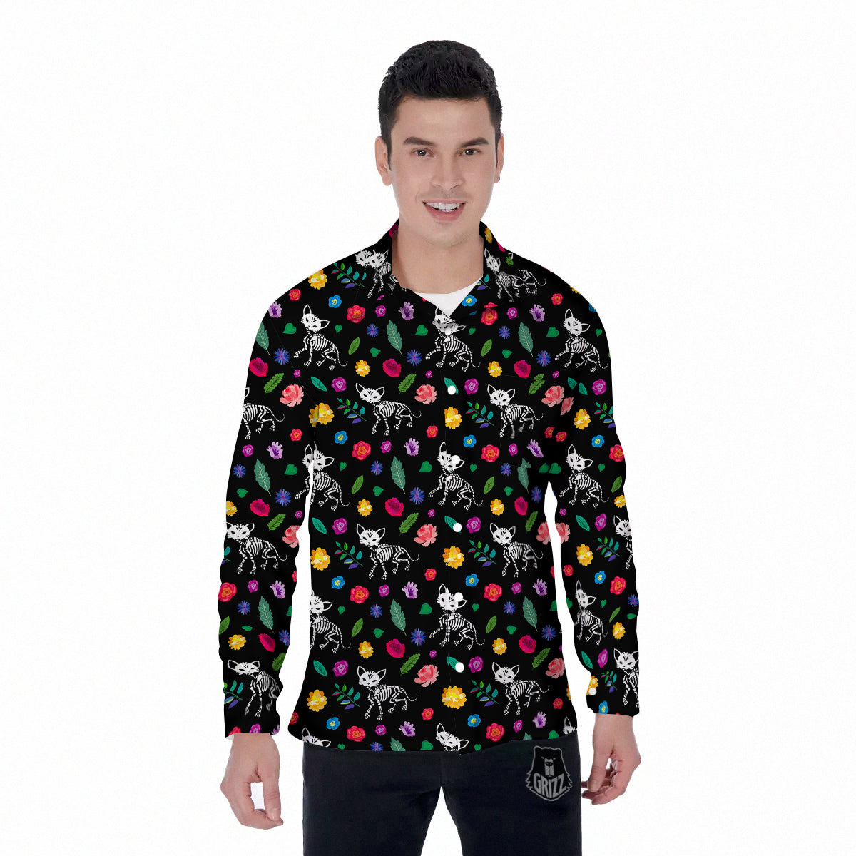 Calavera Cat Skeleton Print Pattern Men's Long Sleeve Shirts-grizzshop