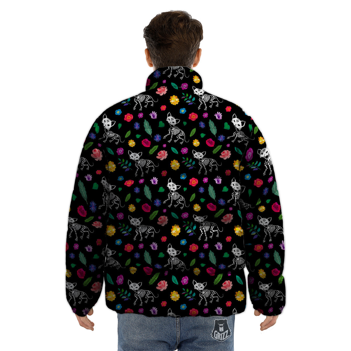 Calavera Cat Skeleton Print Pattern Puffer Jacket-grizzshop