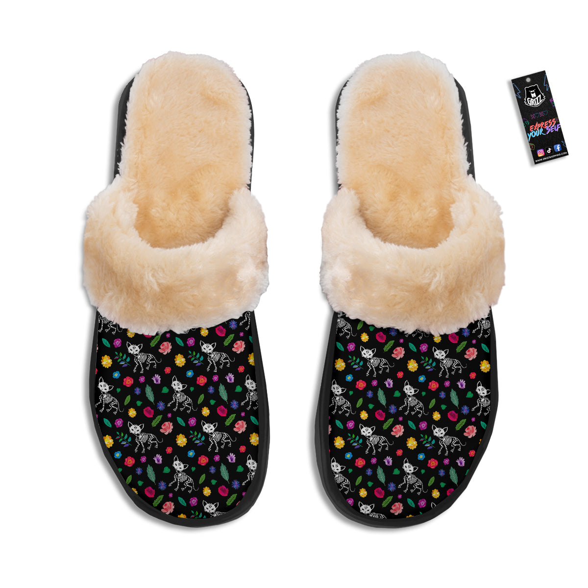 Calavera Cat Skeleton Print Pattern Slippers-grizzshop