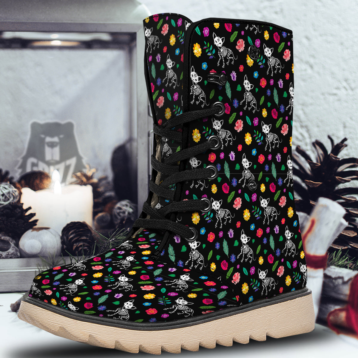 Calavera Cat Skeleton Print Pattern Snow Boots-grizzshop
