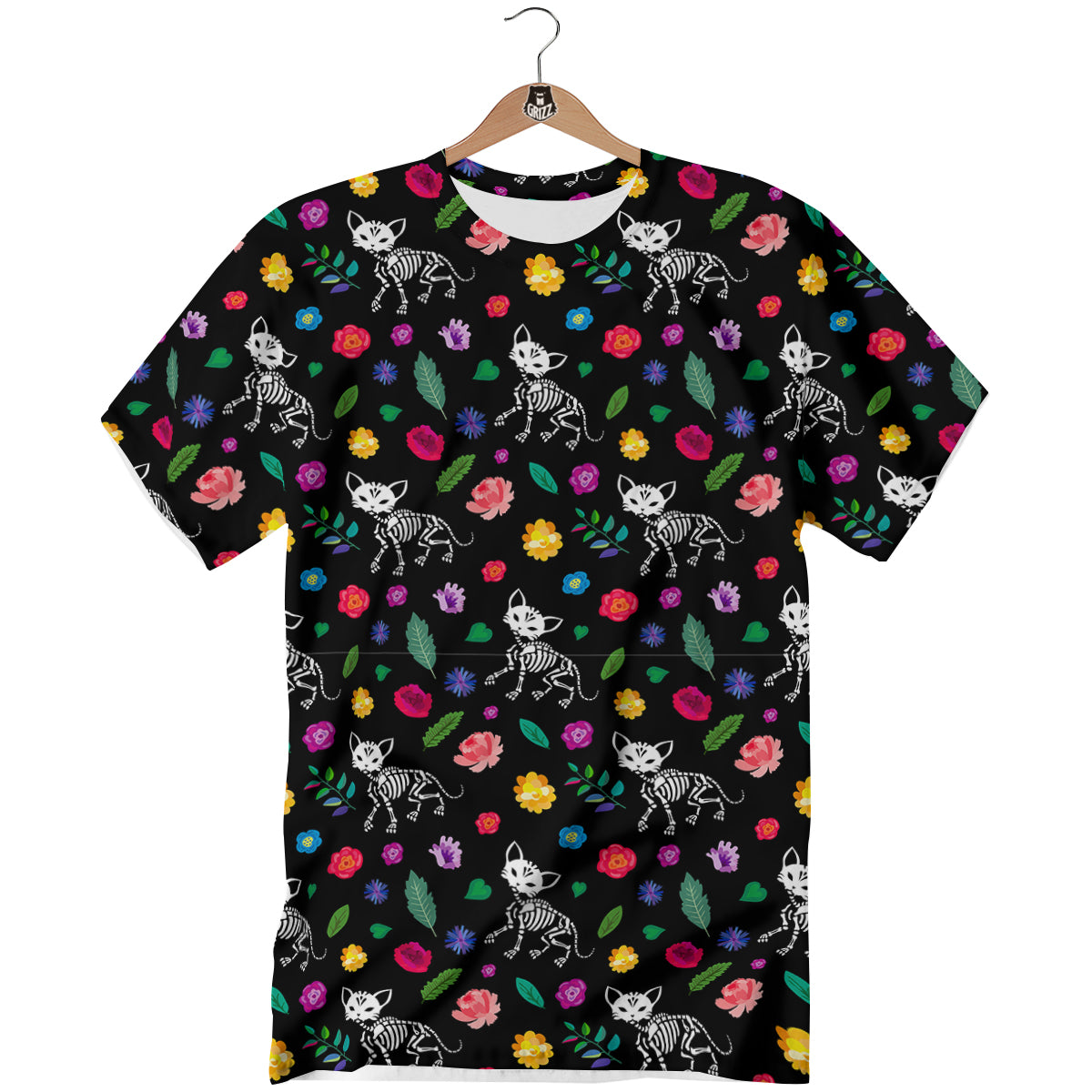 Calavera Cat Skeleton Print Pattern T-Shirt-grizzshop