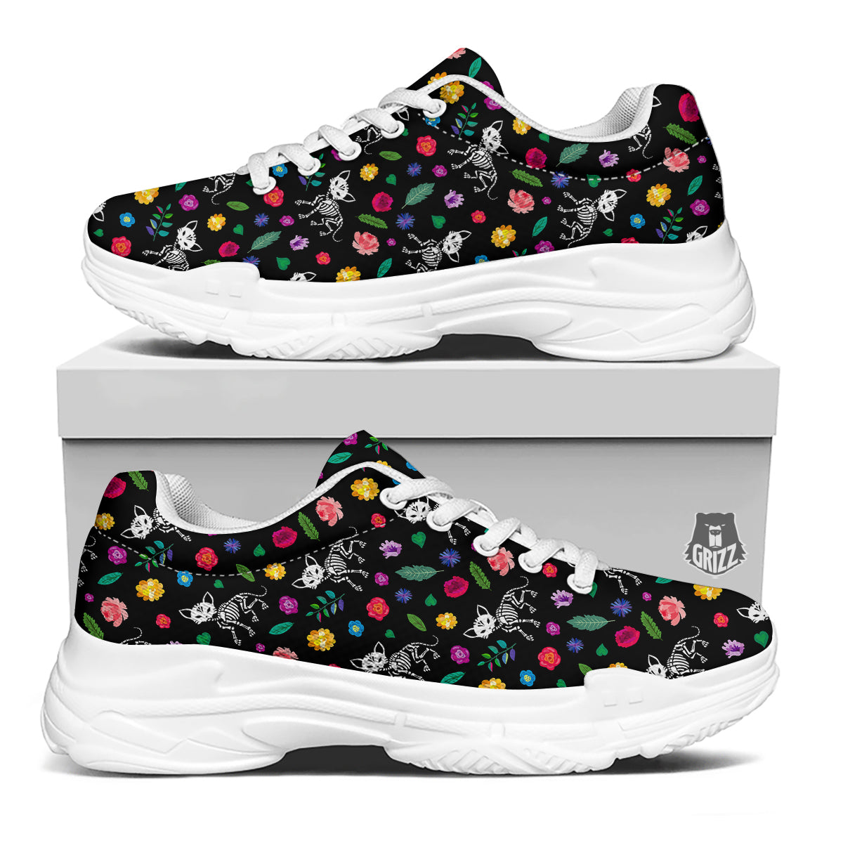 Calavera Cat Skeleton Print Pattern White Chunky Shoes-grizzshop