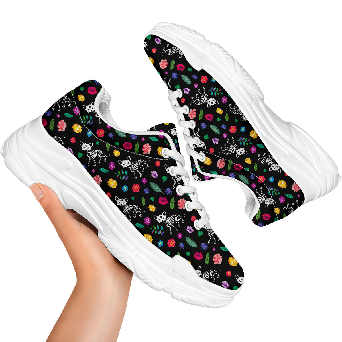 Calavera Cat Skeleton Print Pattern White Chunky Shoes-grizzshop