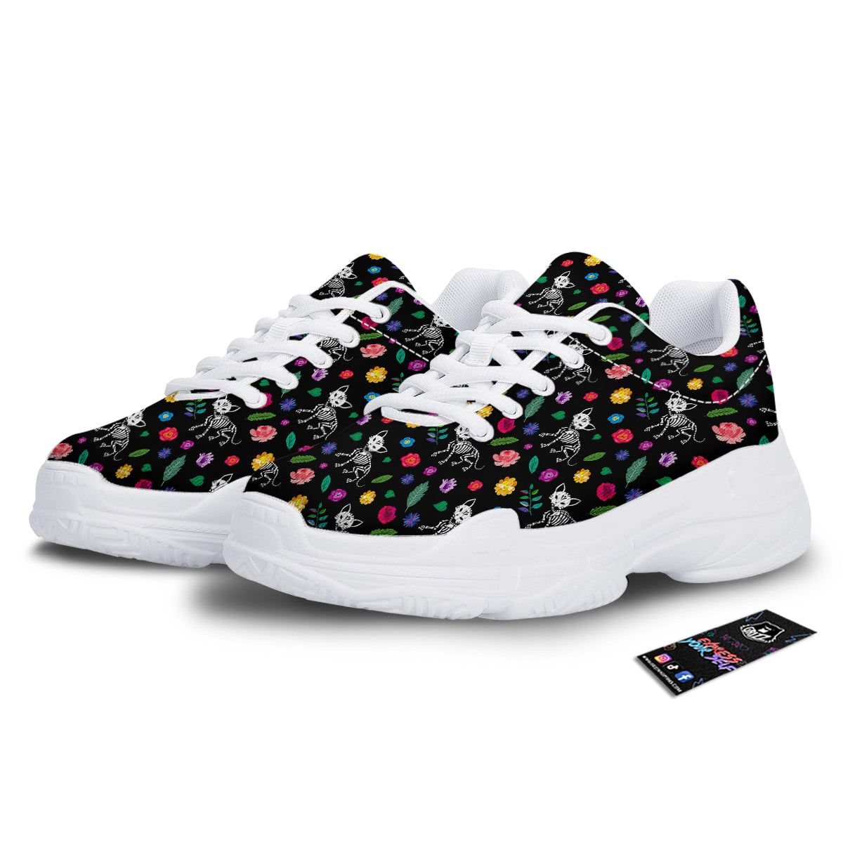 Calavera Cat Skeleton Print Pattern White Chunky Shoes-grizzshop
