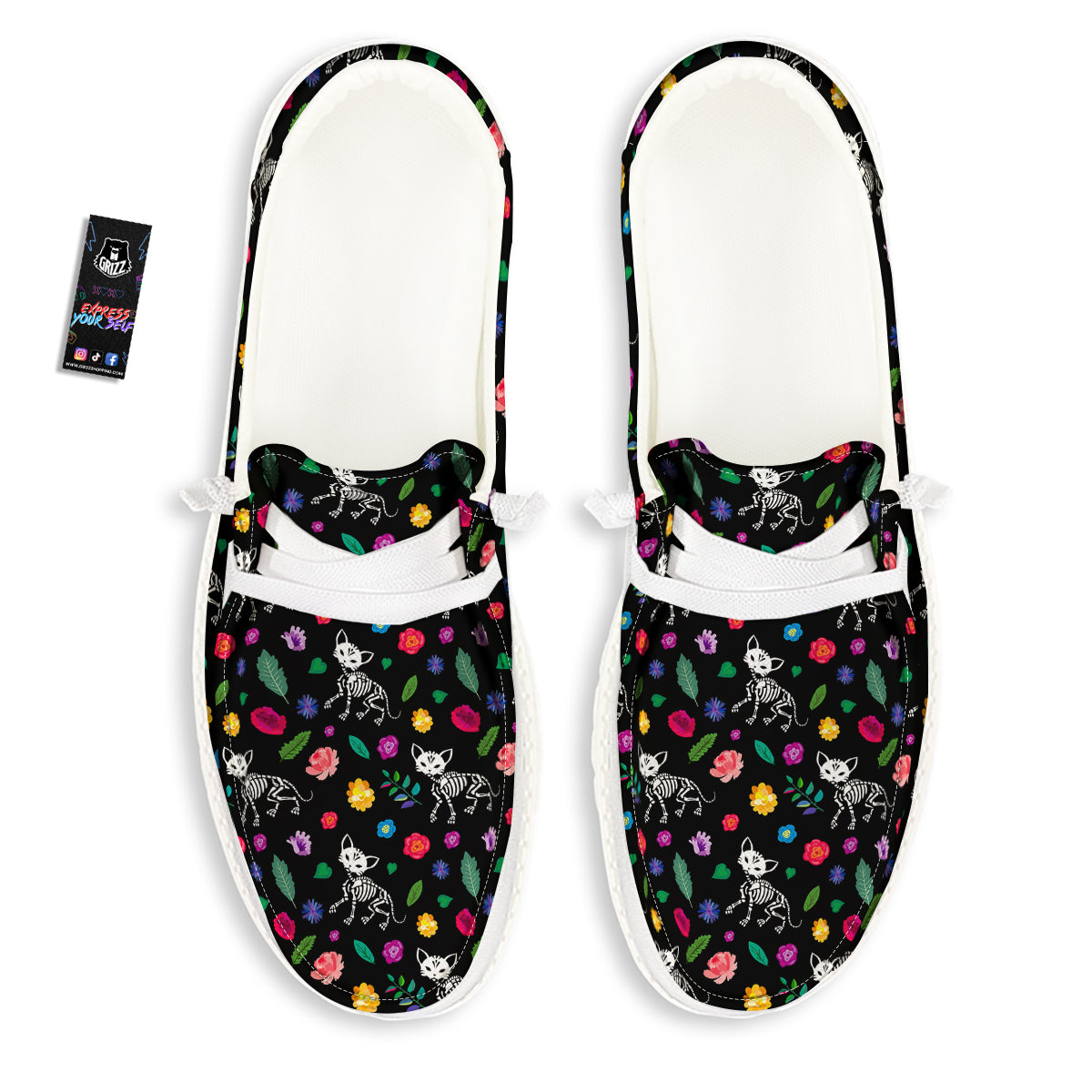 Calavera Cat Skeleton Print Pattern White Loafers-grizzshop