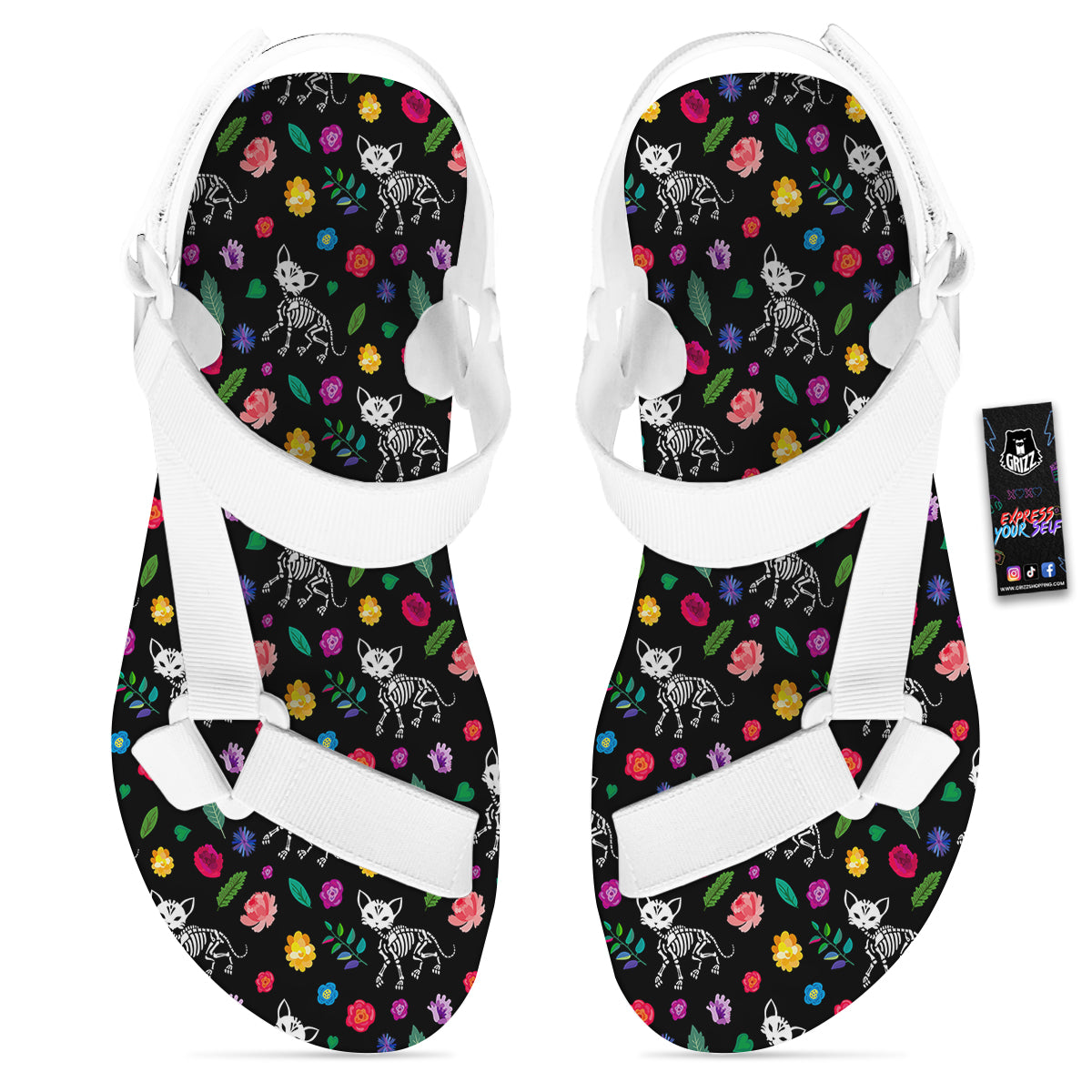 Calavera Cat Skeleton Print Pattern White Open Toe Sandals-grizzshop