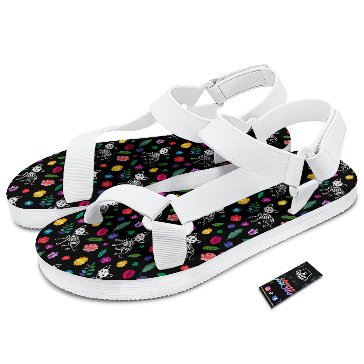 Calavera Cat Skeleton Print Pattern White Open Toe Sandals-grizzshop