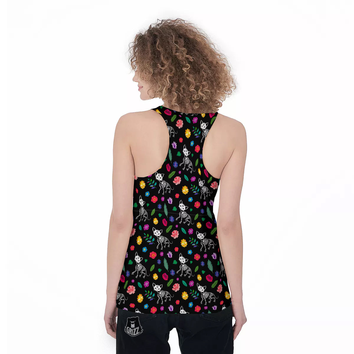 Calavera Cat Skeleton Print Pattern Women's Racerback Tank Top-grizzshop