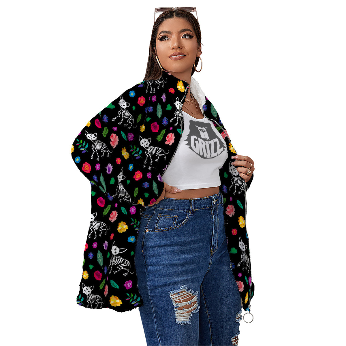 Calavera Cat Skeleton Print Pattern Women's Sherpa Jacket-grizzshop