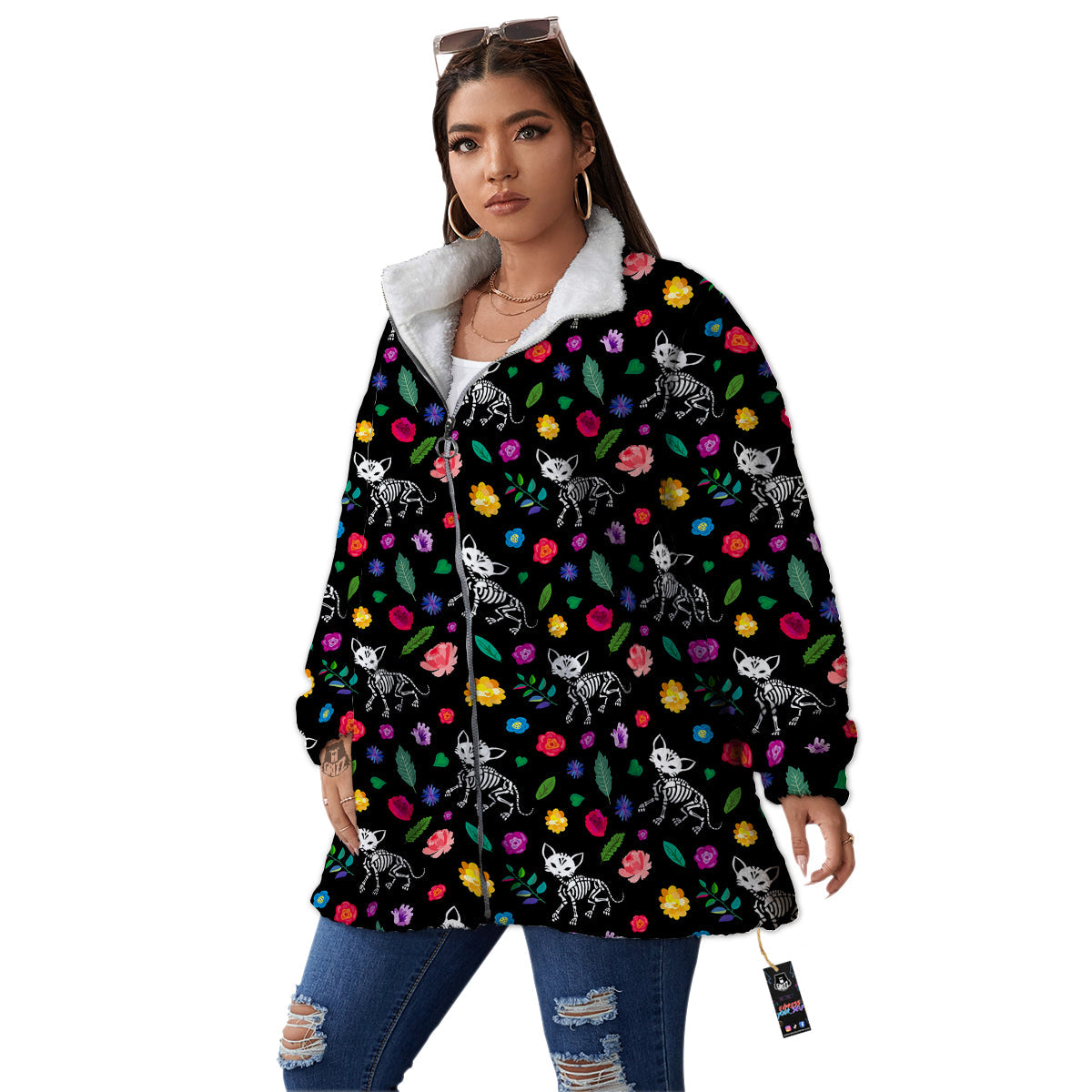 Calavera Cat Skeleton Print Pattern Women's Sherpa Jacket-grizzshop