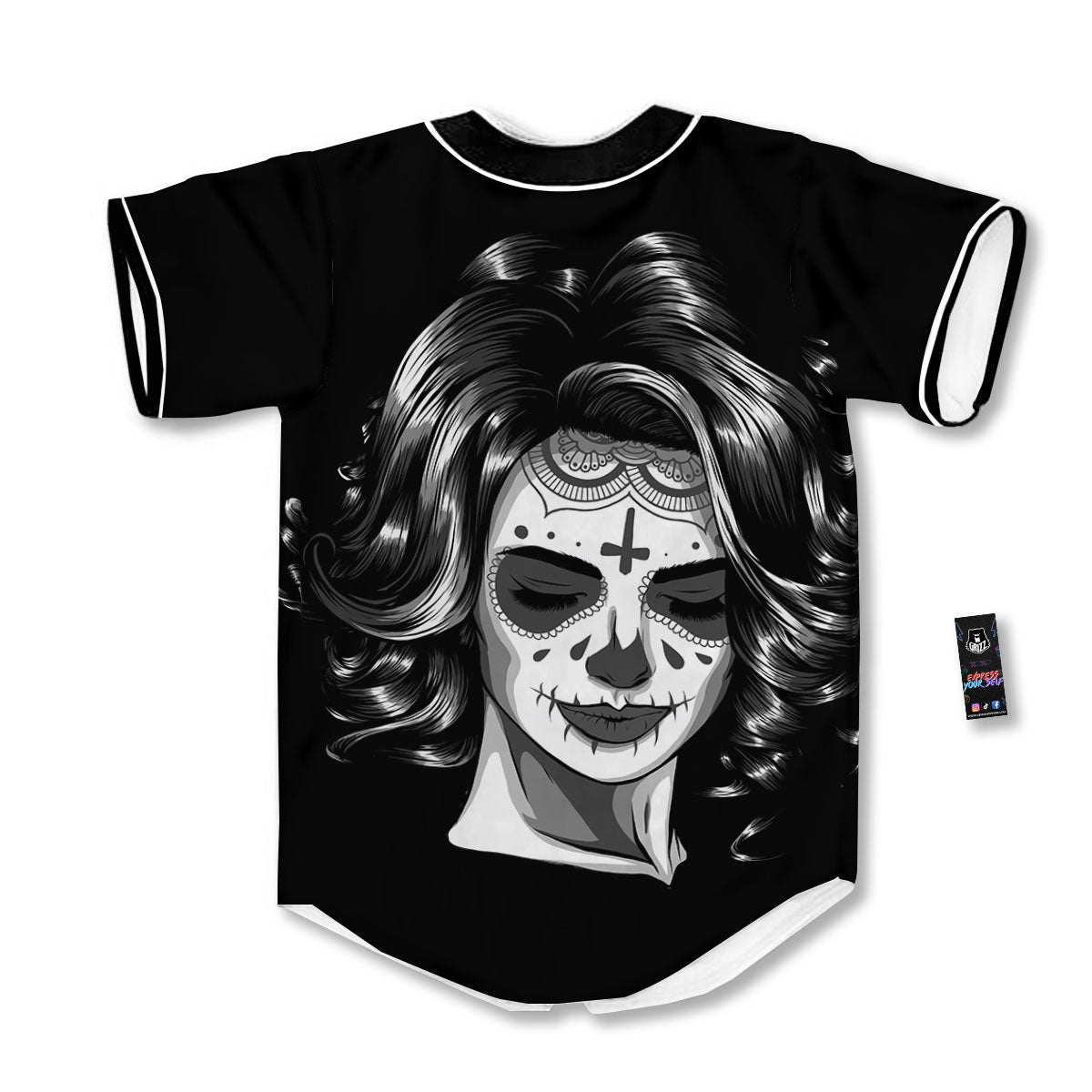 Calavera Girl White And Black Print Baseball Jersey-grizzshop