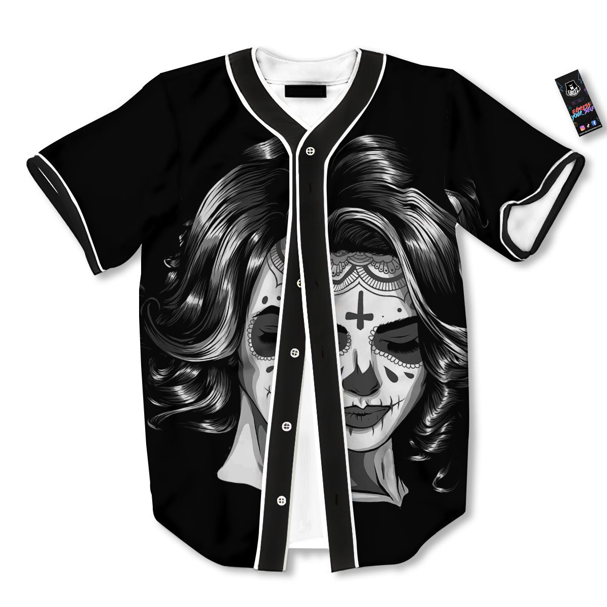 Calavera Girl White And Black Print Baseball Jersey-grizzshop
