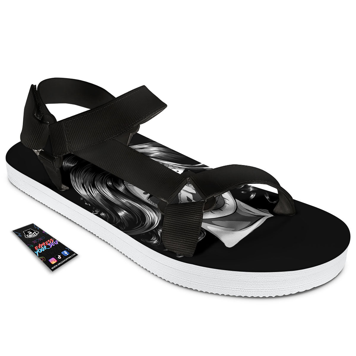 Calavera Girl White And Black Print Black Open Toe Sandals-grizzshop