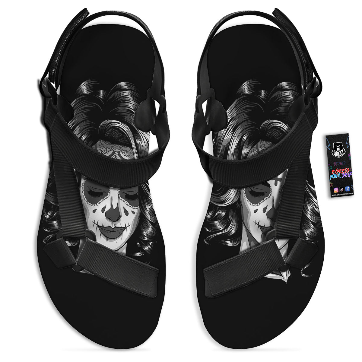 Calavera Girl White And Black Print Black Open Toe Sandals-grizzshop
