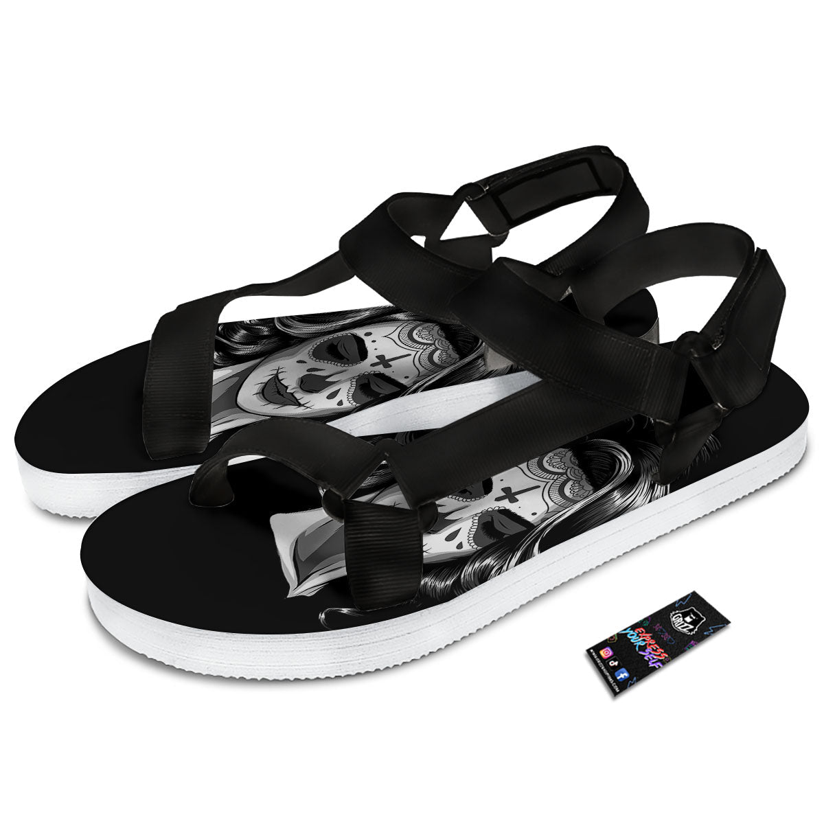 Calavera Girl White And Black Print Black Open Toe Sandals-grizzshop