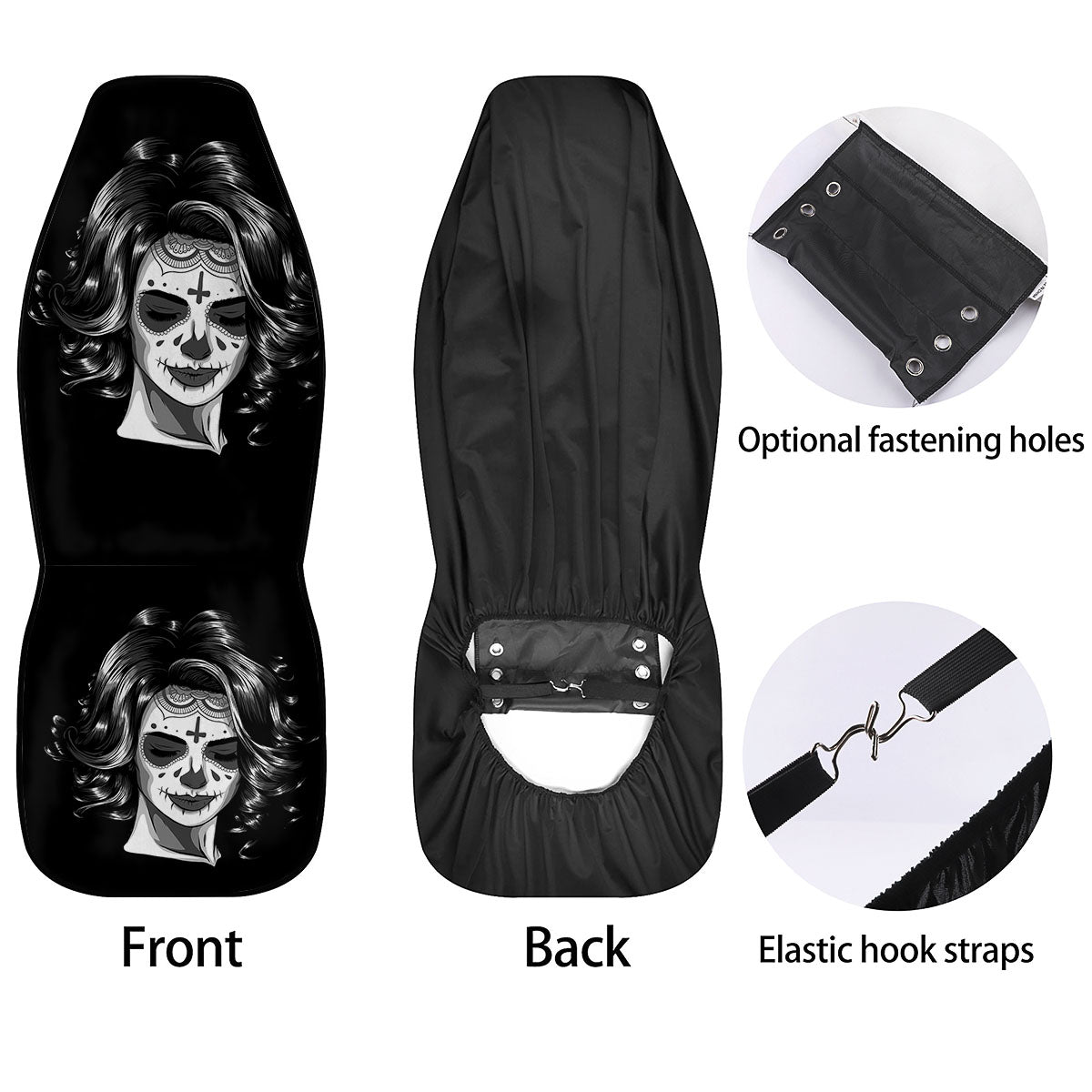 Calavera Girl White And Black Print Car Seat Covers-grizzshop