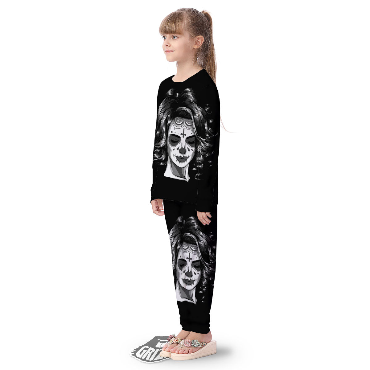 Calavera Girl White And Black Print Kid's Pajamas-grizzshop