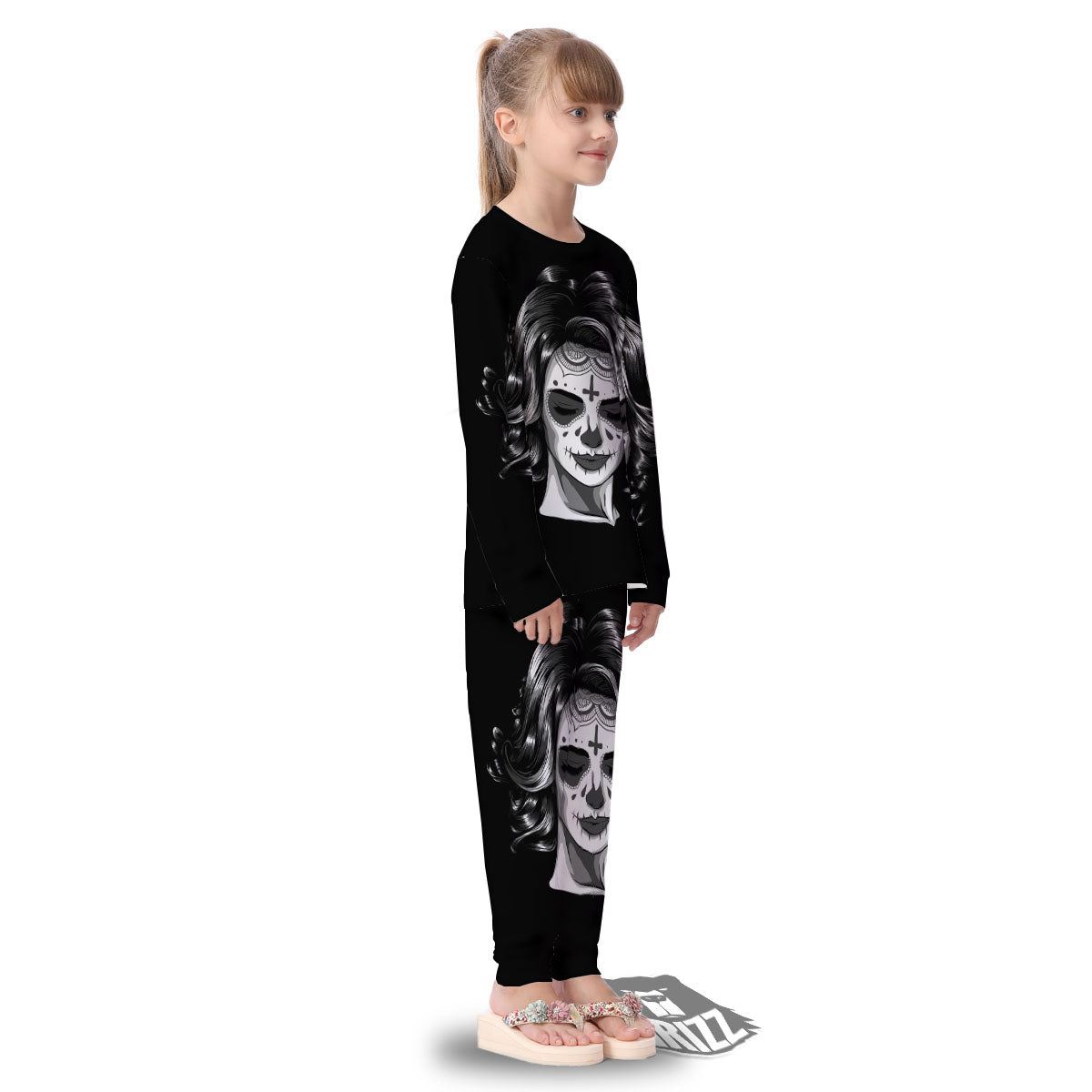 Calavera Girl White And Black Print Kid's Pajamas-grizzshop