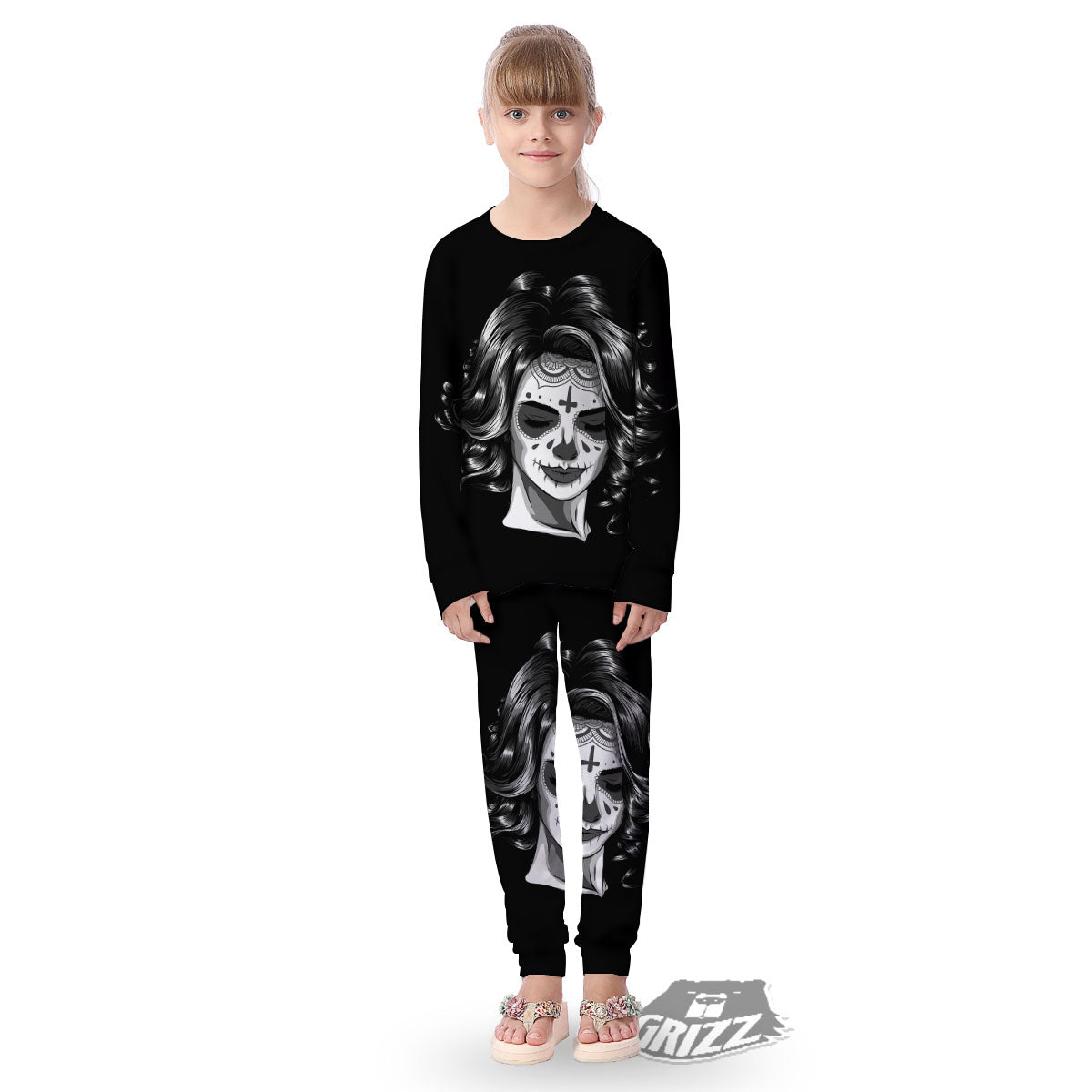 Calavera Girl White And Black Print Kid's Pajamas-grizzshop