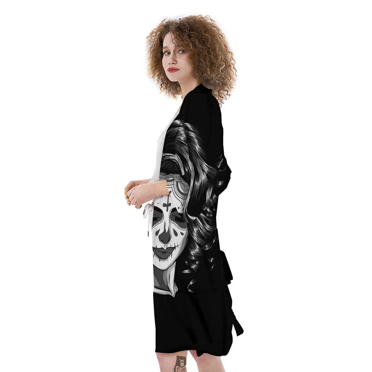 Calavera Girl White And Black Print Kimono-grizzshop
